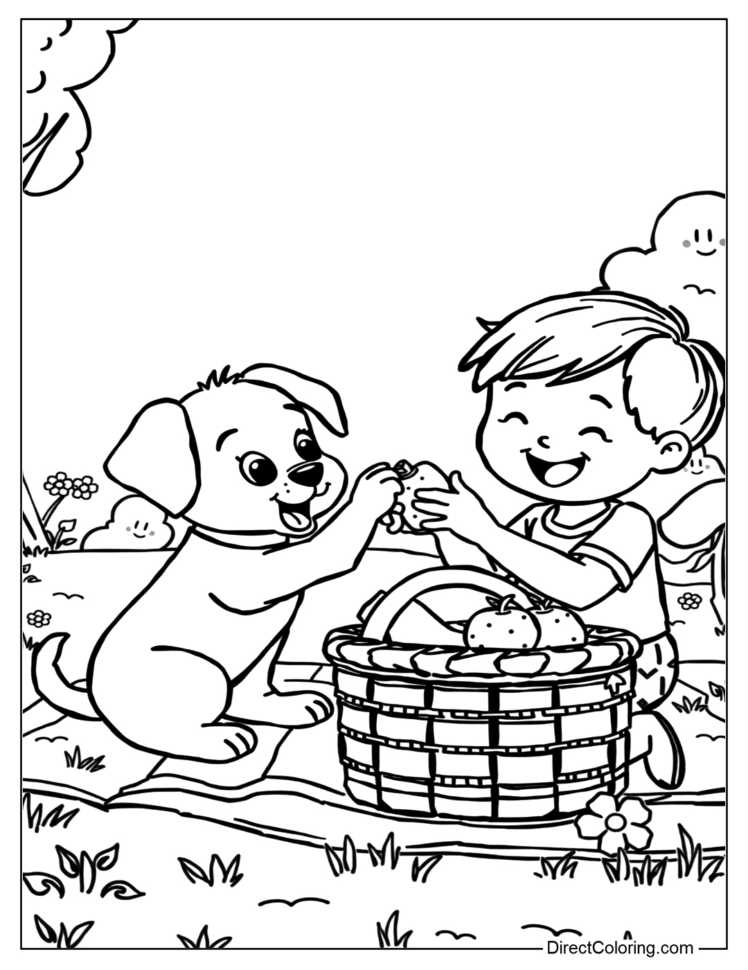 Puppy and Boy on a Picnic Color  Page Free